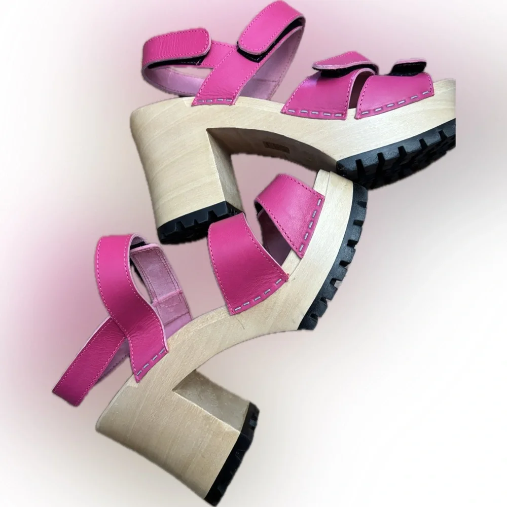 Swedish Hasbeens Pink Leather Platform Sandals